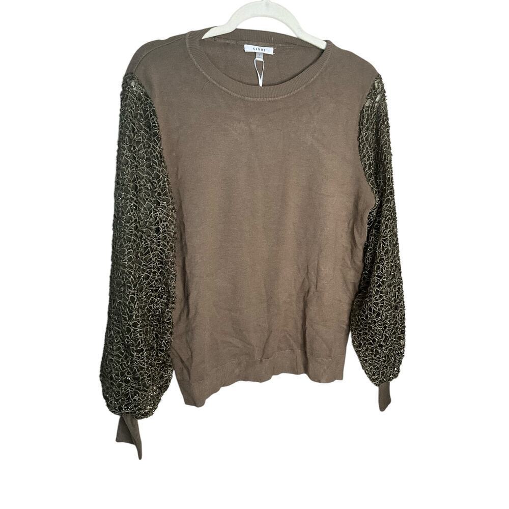 Sioni Balloon Sparkly Mesh Sleeve Knit Pullover Sweater Green Womens Size‎ L NEW